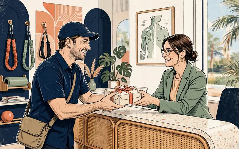 Illustration of a local representative delivering a treat box to a medical office manager